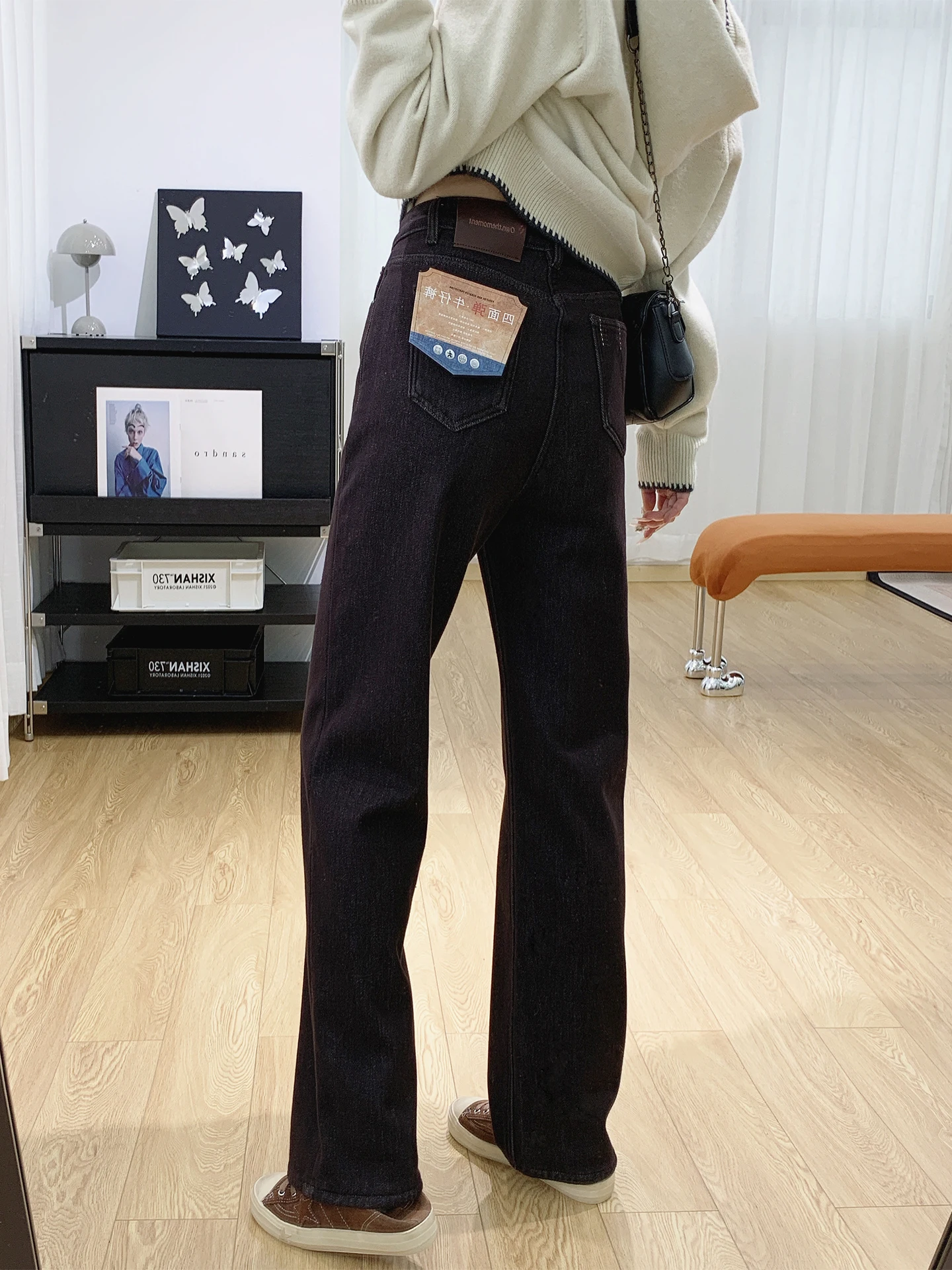 

Женские зимние брюки Slim Fit с флисовой подкладкой, прямые джинсы с высокой талией, хлопковые, эластичные, мягкие, теплые, широкие штанины