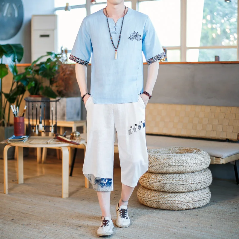 

Мужской летний комплект из хлопка и льна: винтажная футболка с коротким рукавом и трусы-шорты в стиле Тан/Ханьфу, дышащий, легкий, с круглым вырезом