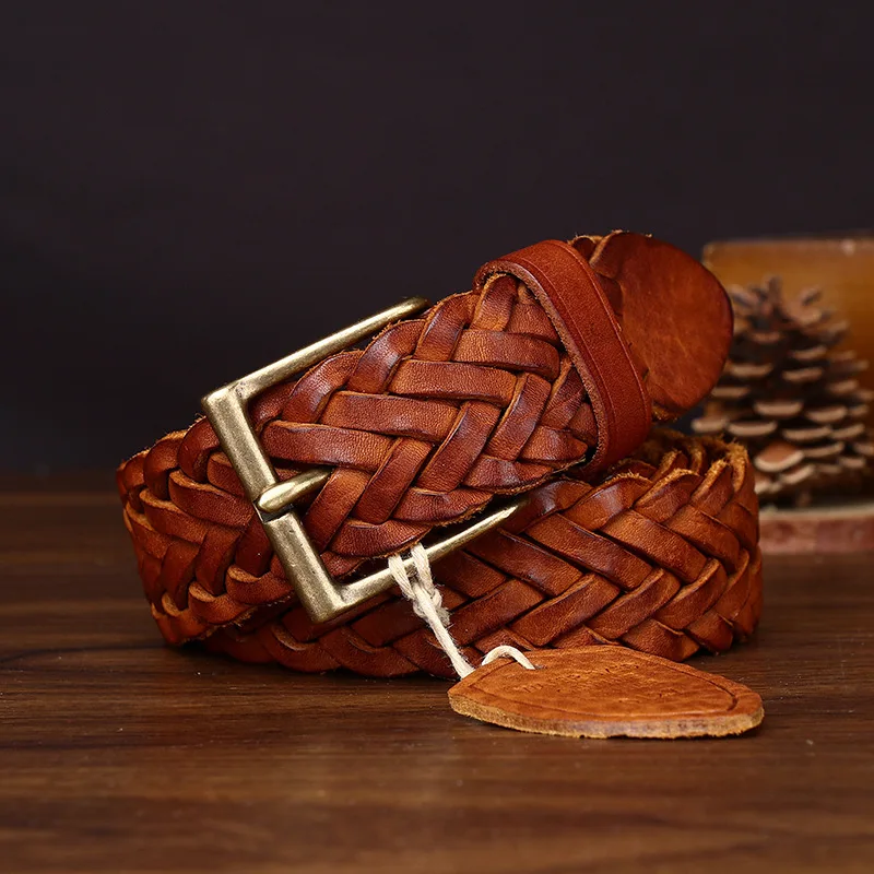 ニュートラルな新作手編み牛革ベルト-メンズカジュアルジーンズ用銅バックルベルト-レディーストレンドヴィンテージベルト