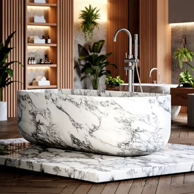 Bañera ovalada independiente de piedra natural tallada a mano, bañera de mármol blanco Carrara