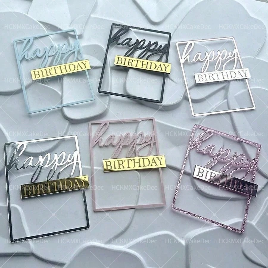 Acrylic Square Happy Birthday Cake Toppers Rose Gold  Kids Birthday Party Cake Topper Baby Shower Gift Decoration