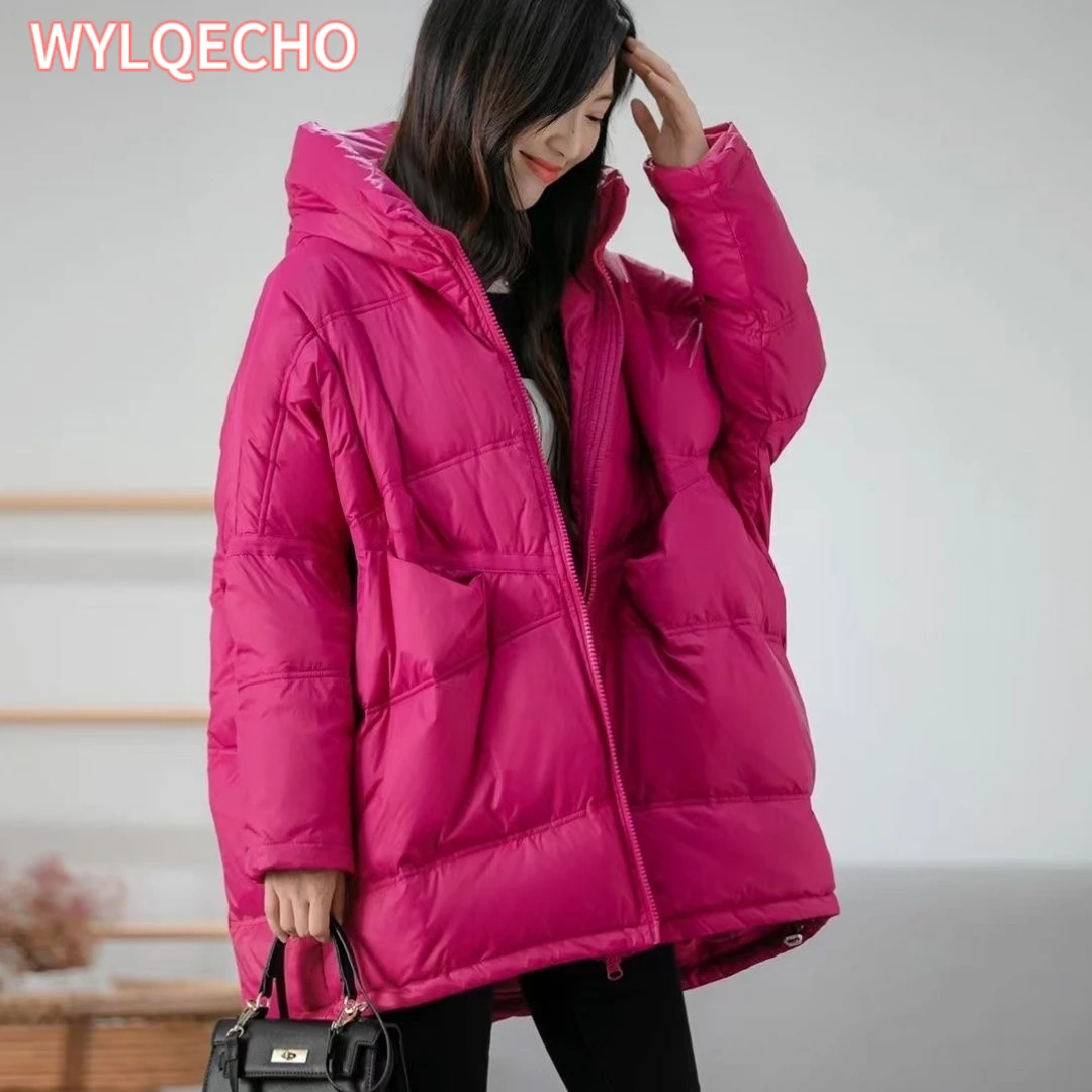 2023 New Winter Women 90% White Duck Down Jacket Casual Loose Over Size Warm Parka Female Drawstring Hooded Puffer Coat