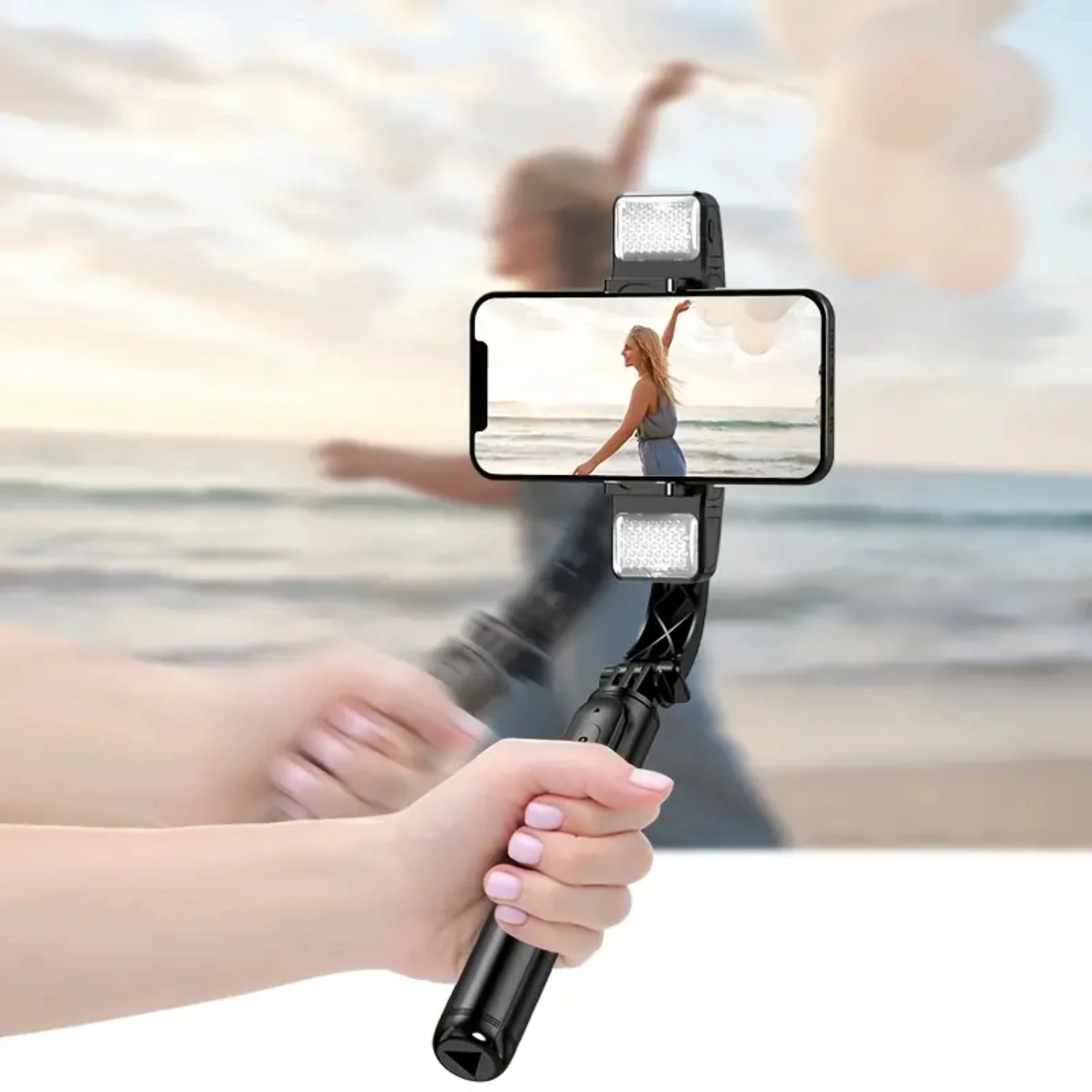 

Portable Handheld Rotating Gimbal Stabilizer with Selfie Stick, Dual Lights, and Tripod for iPhone - Remote Controlled Gimble fo
