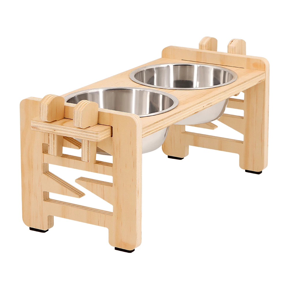 Support de bol surélevé en bois réglable pour chien avec 2 bols en acier inoxydable pour petits chiens et chats, mangeoire en bois robuste pour animaux de compagnie