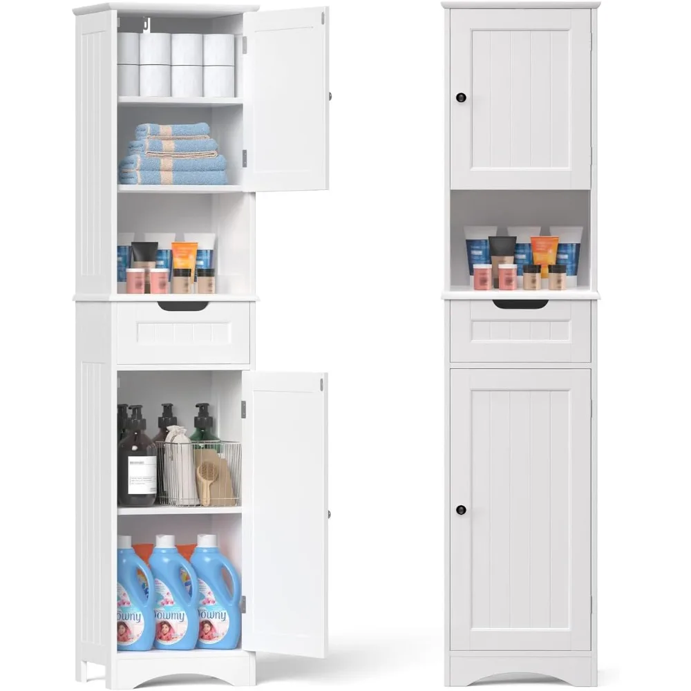 

67" H Tall Bathroom Cabinet, Storage Cabinet with 2 Doors & Drawer, Narrow Linen Tower Freestanding Adjustable Shelves for Home