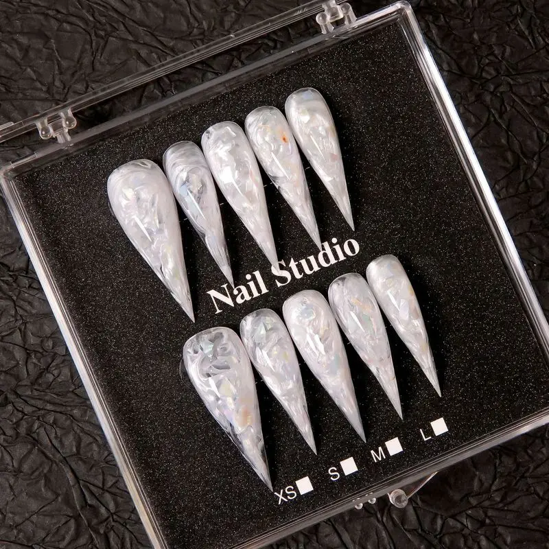 Extra Long Stiletto Press On Nails Transparent White Shell Fragment False Nails Handmade Glossy Nail Art For Cosplay Halloween