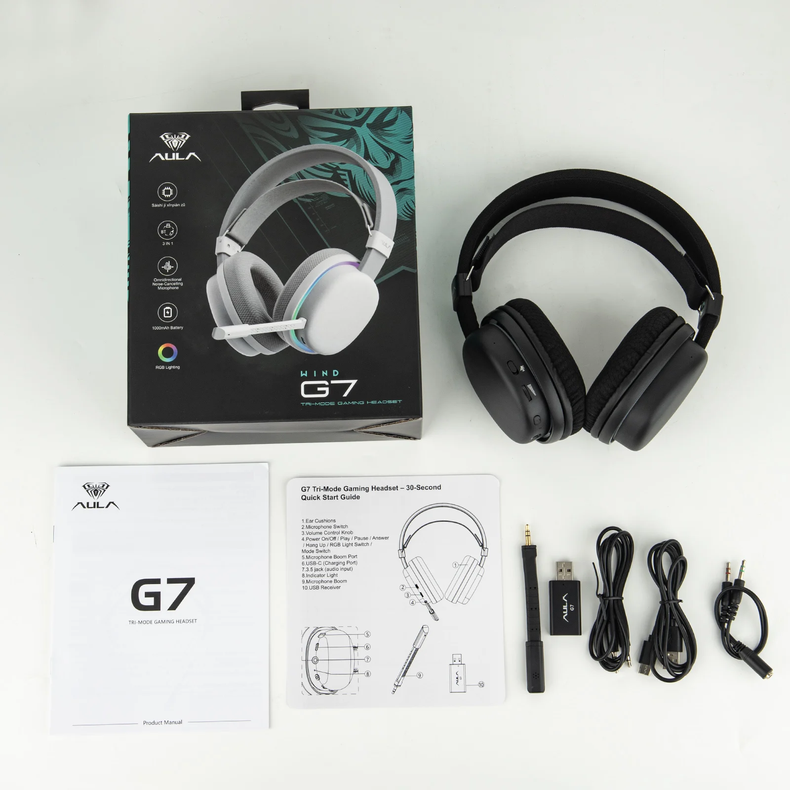 AULA G7 Kabelloser Gaming-Kopfhörer mit Kabel/BT/2,4 GHz und abnehmbarem Mikrofon mit Geräuschunterdrückung, RGB-Beleuchtung für PS4/PS5/PC/Switch – Detail 12