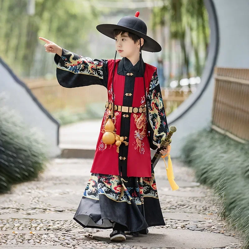 Ancient Costume Boys Tang Suit Dragon Embroidery Hanfu Spring Autumn Chinese Style Children Performance Clothing