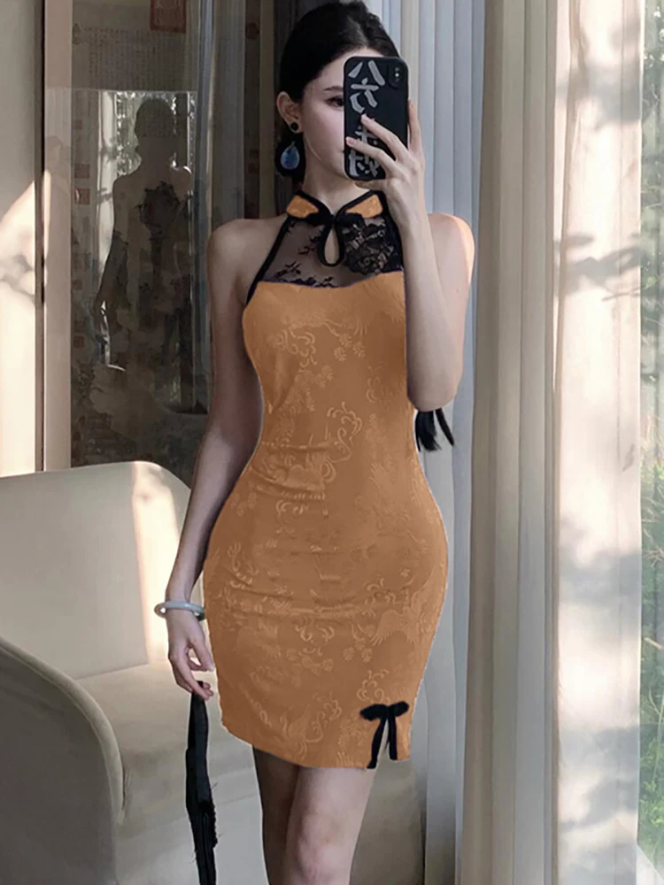 2026 Jacqurd Patchwork Lace Sheer Sexy Neck-mounted Dress Women Elegant Bodycon Hip Wrap Dress Summer Korean Vintage Party Dress