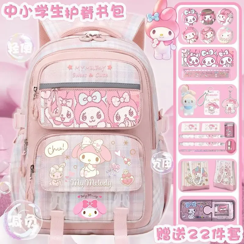 Sanrio-mochila escolar de dibujos animados para niños, mochila de gran capacidad para estudiantes, protección de la columna vertebral, reducción de carga, nueva melodía