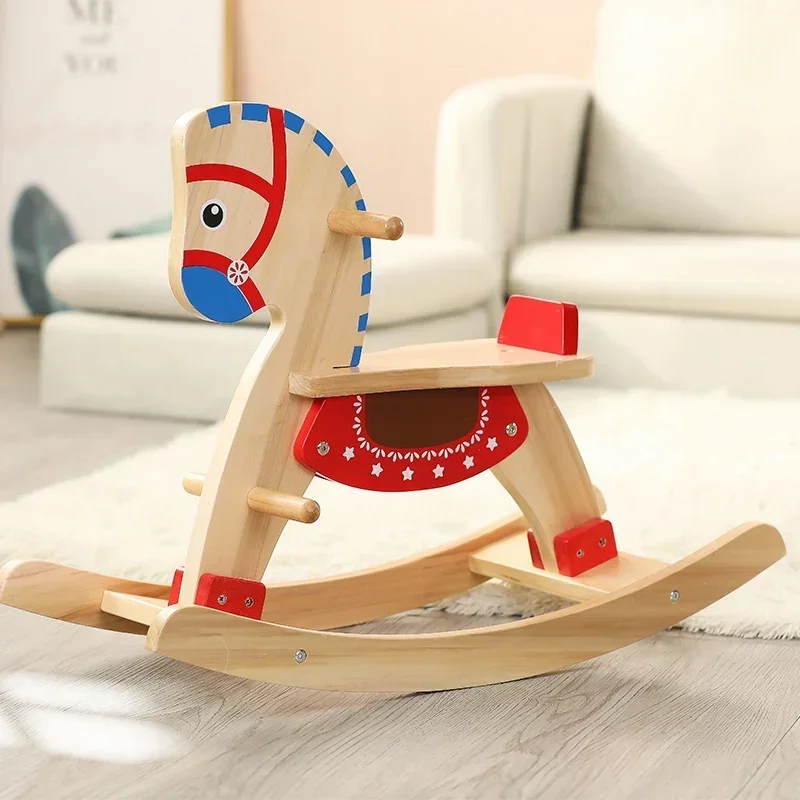 Children's solid wood rocking horse Trojan horse ins Nordic style wooden rocking chair Adults can sit baby toys