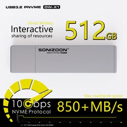 SONIZOON-SSD portátil DW-X1 Disco Rígido, USB 3.2, Gen2, 10Gbps, 512GB, até 1050 mbps, PC, Celular, Flash Drive