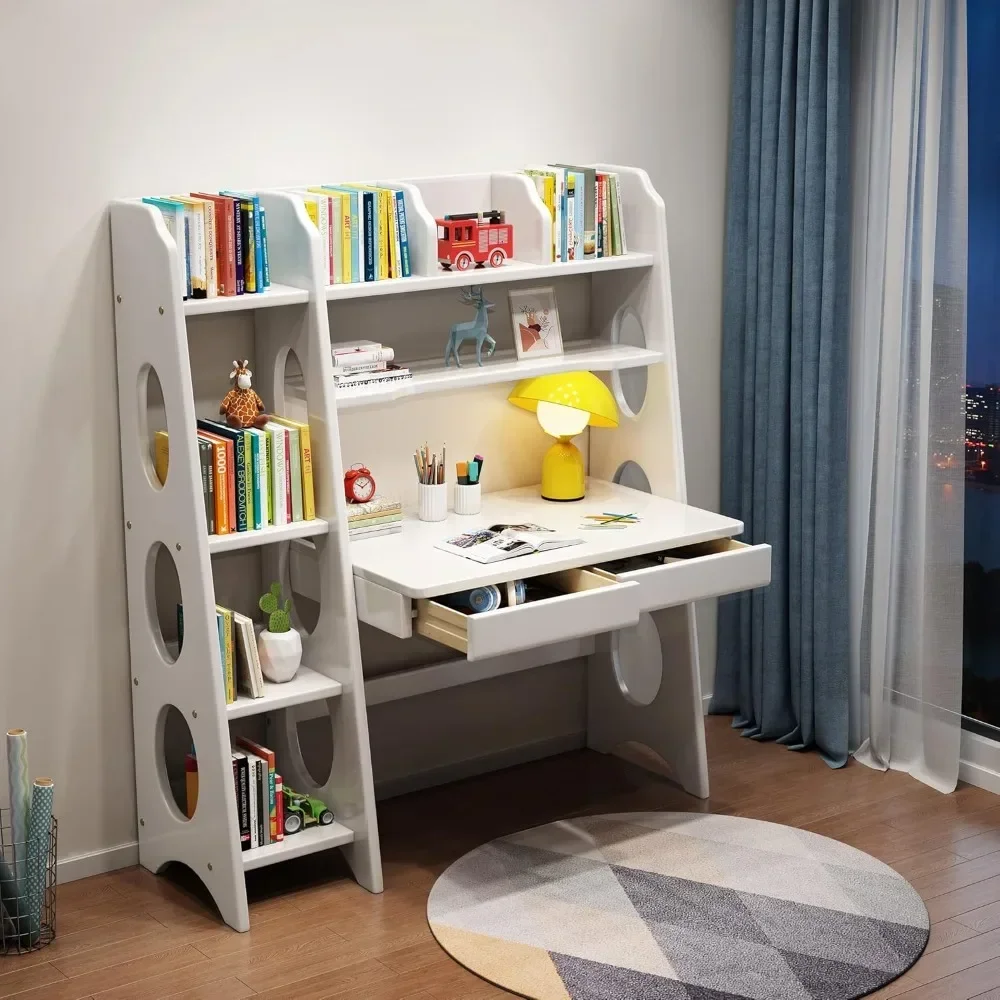 

Children's Desk with Drawers and Bookshelves, Wooden Children's Media Desk, Student Study Desk (White), Children's Desk