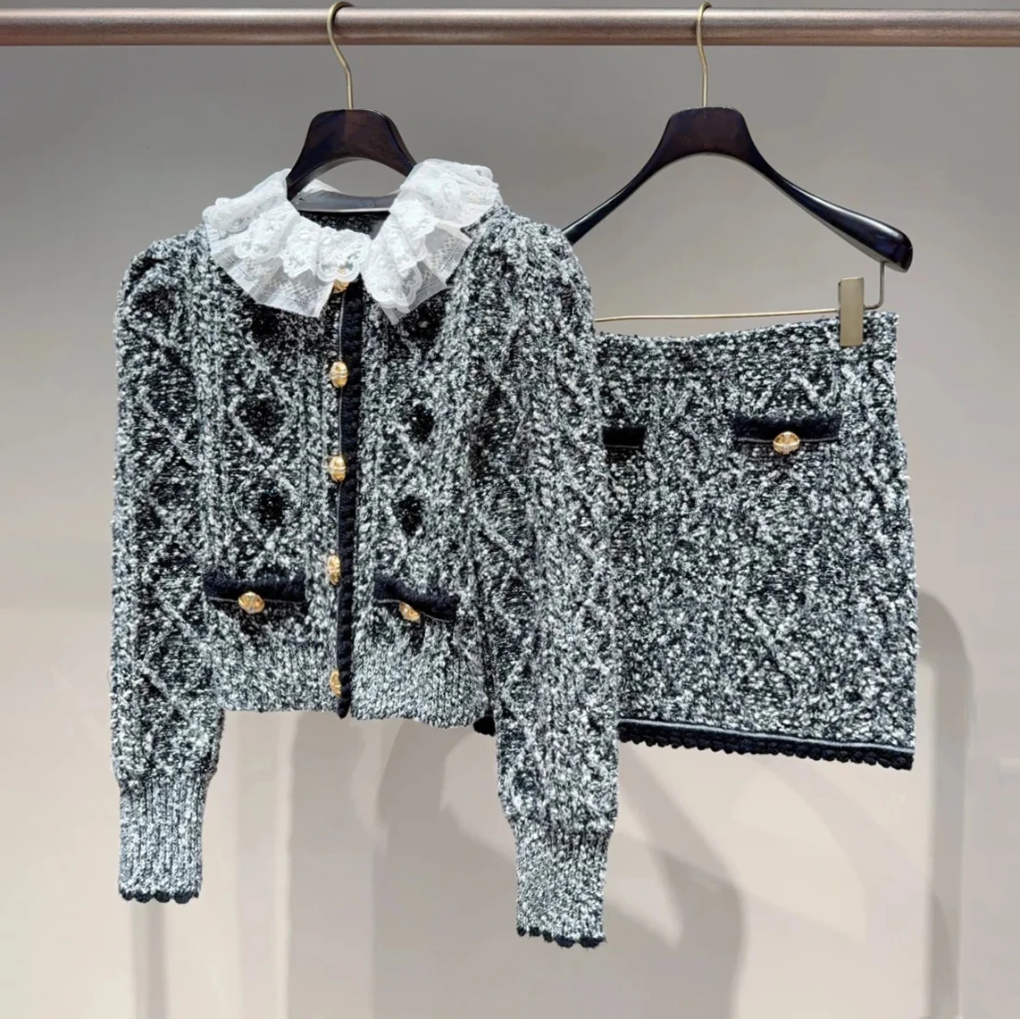 

Fashionable Knitted Short Coat And Half Skirt Set High Waist Button Closure Commute Style Autumn Collection for Women