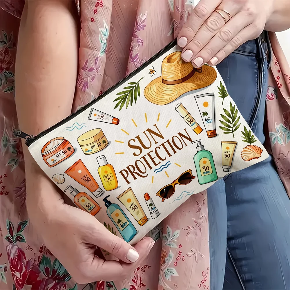 Sunscreen themed zipper cosmetic bag, portable for travel. Holds cosmetics, sunscreen, toiletries, pencils etc. Lovely gift for