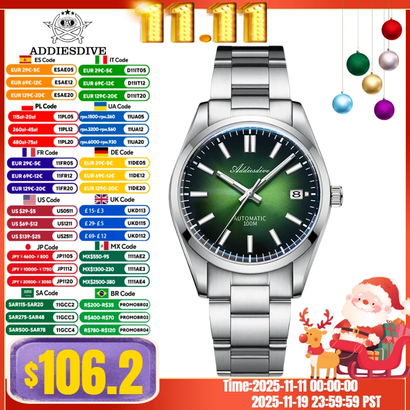 

ADDIESDIVE 39mm Watch For Men Sunburst Dial 100m Diving Synthetic Sapphire Japan NH35A Automatic Mechanical Watch