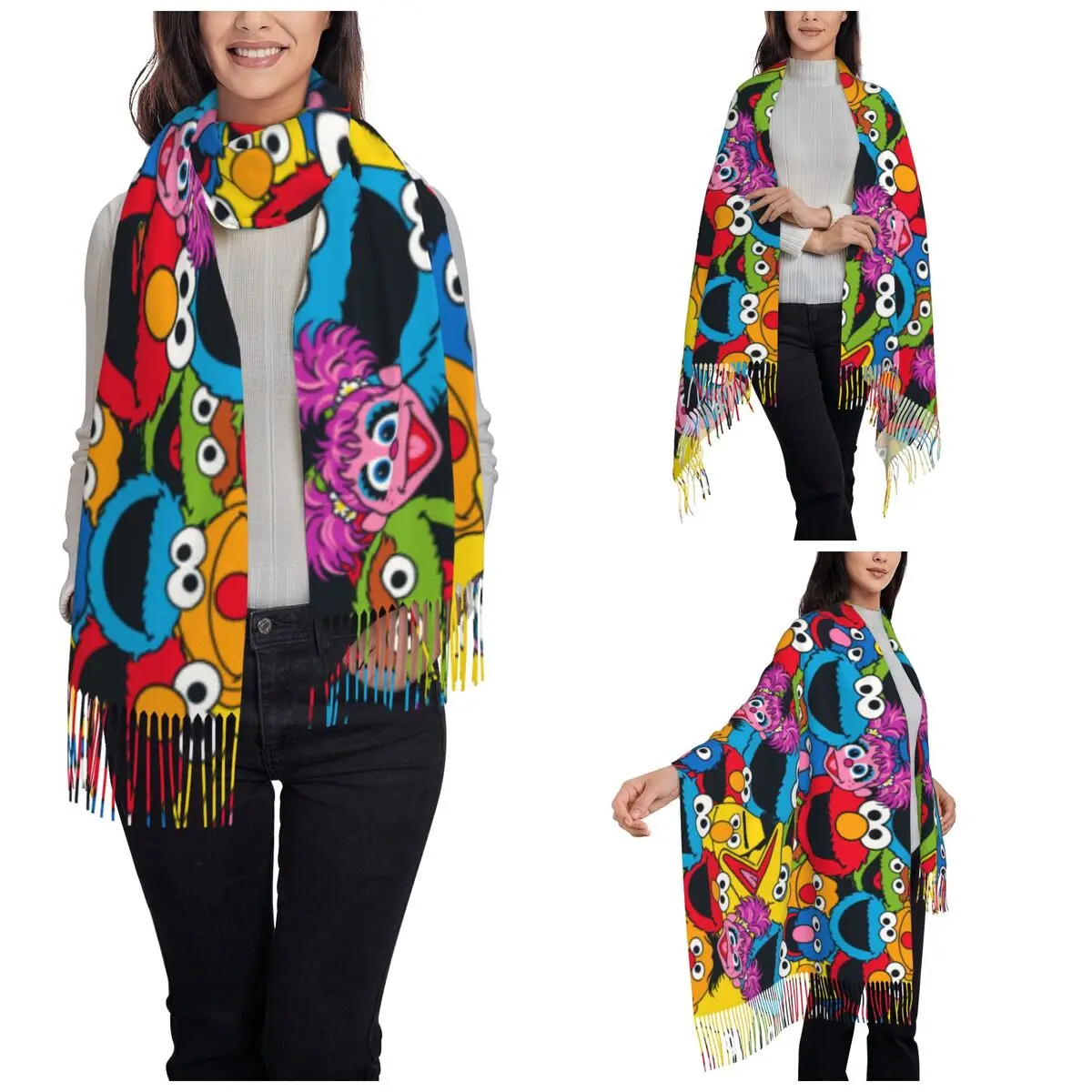 Women Scarf with Tassel Sesame Street Crew Pattern Large Winter Warm Shawl and Wrap Cookie Monster Cartoon Gift Pashmina Scarves