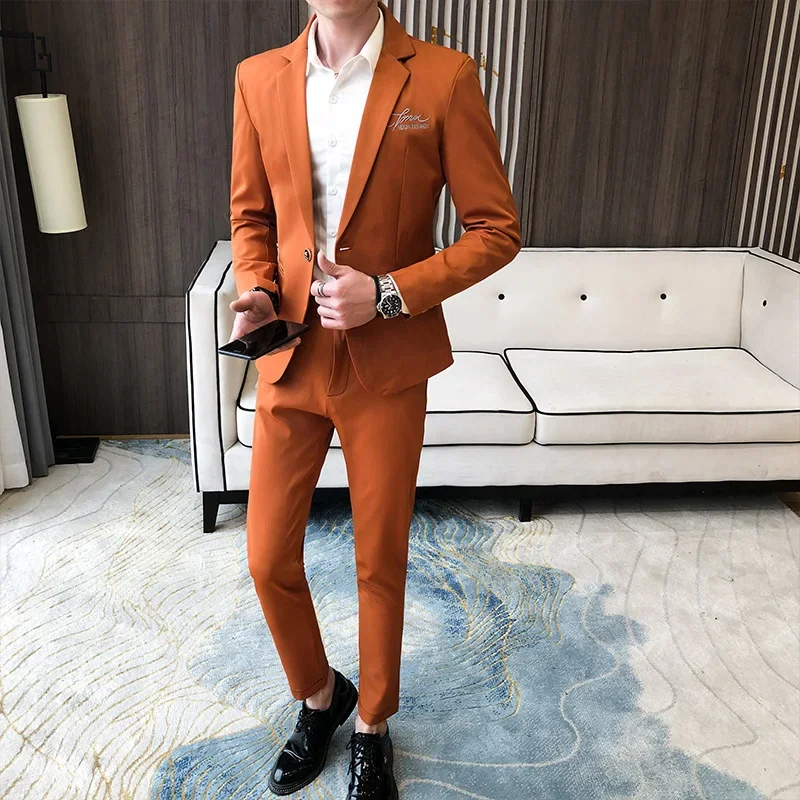 

( Blazer + Pants ) Men Suit Set Fashion New Business Casual Slim Fit Suit Korean Version Two-piece Jacket Trousers Men Clothing