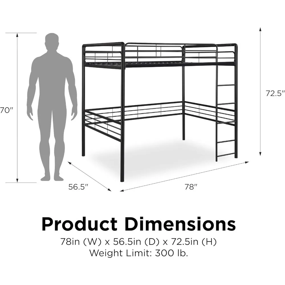 Full metal loft bed with ladder space saving design, bed can accommodate full size mattress, black