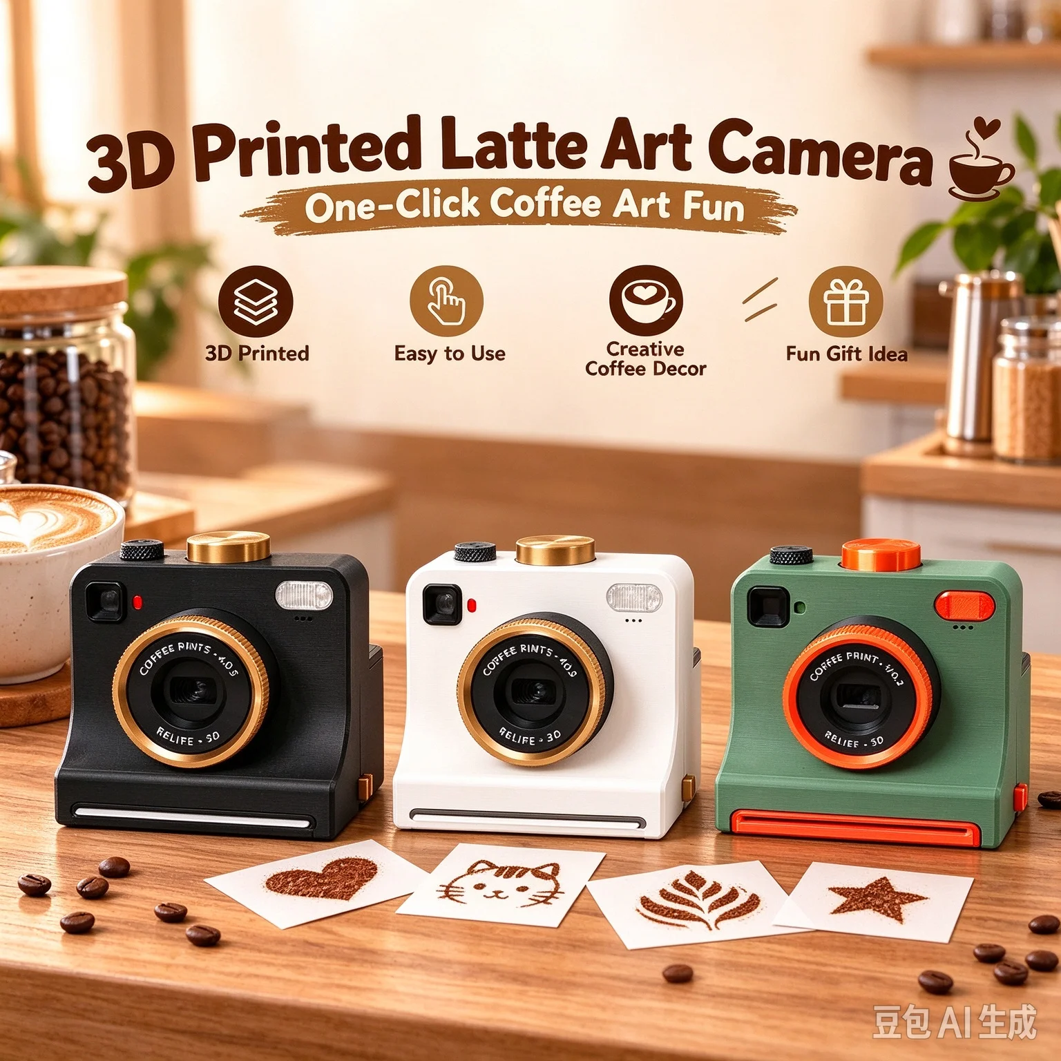 3D Printed Latte Art Cameras Coffee Stencil Printers Handheld Tools Templates Cappuccino Interchangeable Mold Christmas Gift