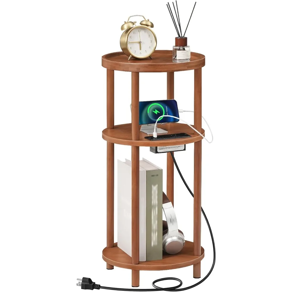 

HOOBRO Small Round Side Table with Charging Station, 3-Tier Round Bamboo End Table, Compact Sofa Bedside Table for Small Space,