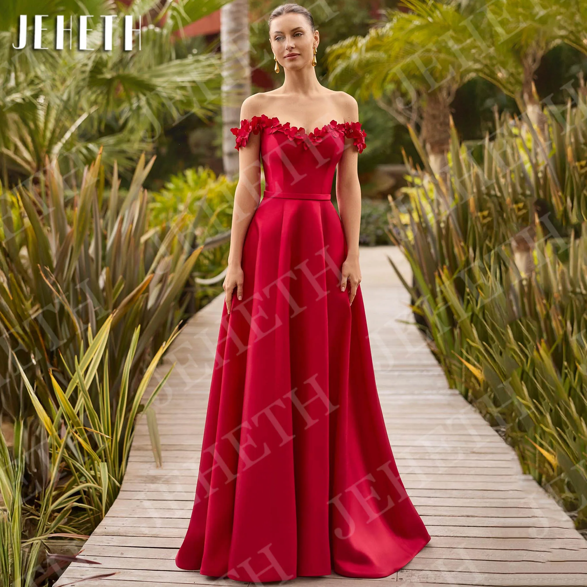 

JEHETH Satin A Line Off the Shoulder Evening Dress Customized Red 3D Floral Wedding Guest Party Dresses Woman robe de soirée
