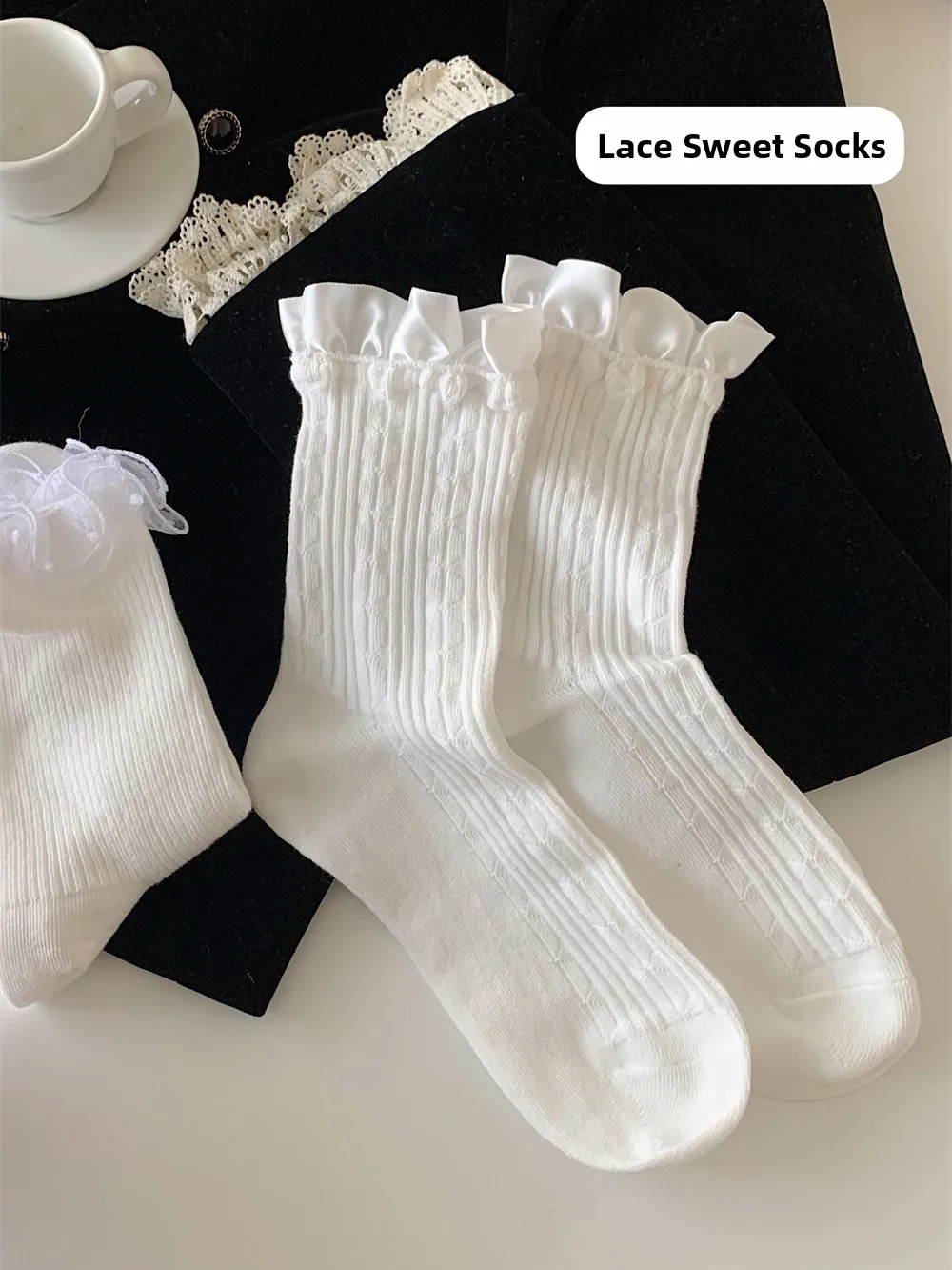 

Sweet Lace Trim Mid-Calf Socks Women's Summer Fairy Tale JK Lolita Stockings Thin Stripes Cotton Moisture Wicking Home Wear