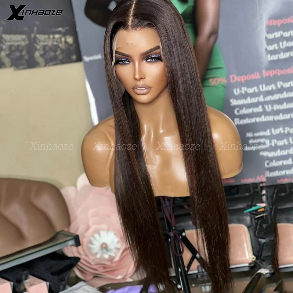 2 # Dark Brown Straight Silk Base Lace Front Perucas Perucas de cabelo humano Pré Arrombadas 180 Densidade Osso Straight 13x6 Lace Frontal Perucas