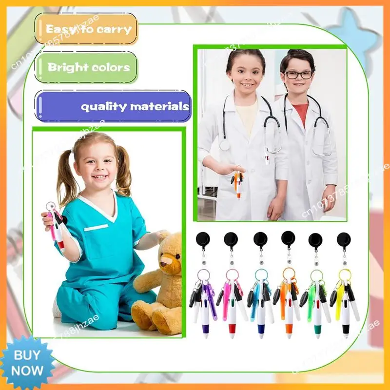 A10R 8Pack Badge Reel Pen Retractable Shuttle-Pen With Mini Marker Pen Flashlight Key Ring Retractable Badge Holde