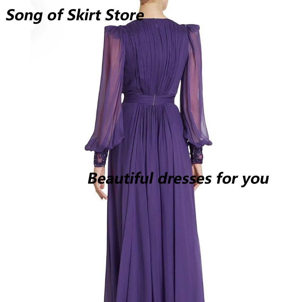 Abito da sera viola scuro personalizzato scollo a V profondo manica lunga in chiffon pieghettato applique lunghezza pavimento abiti da festa in spiaggia