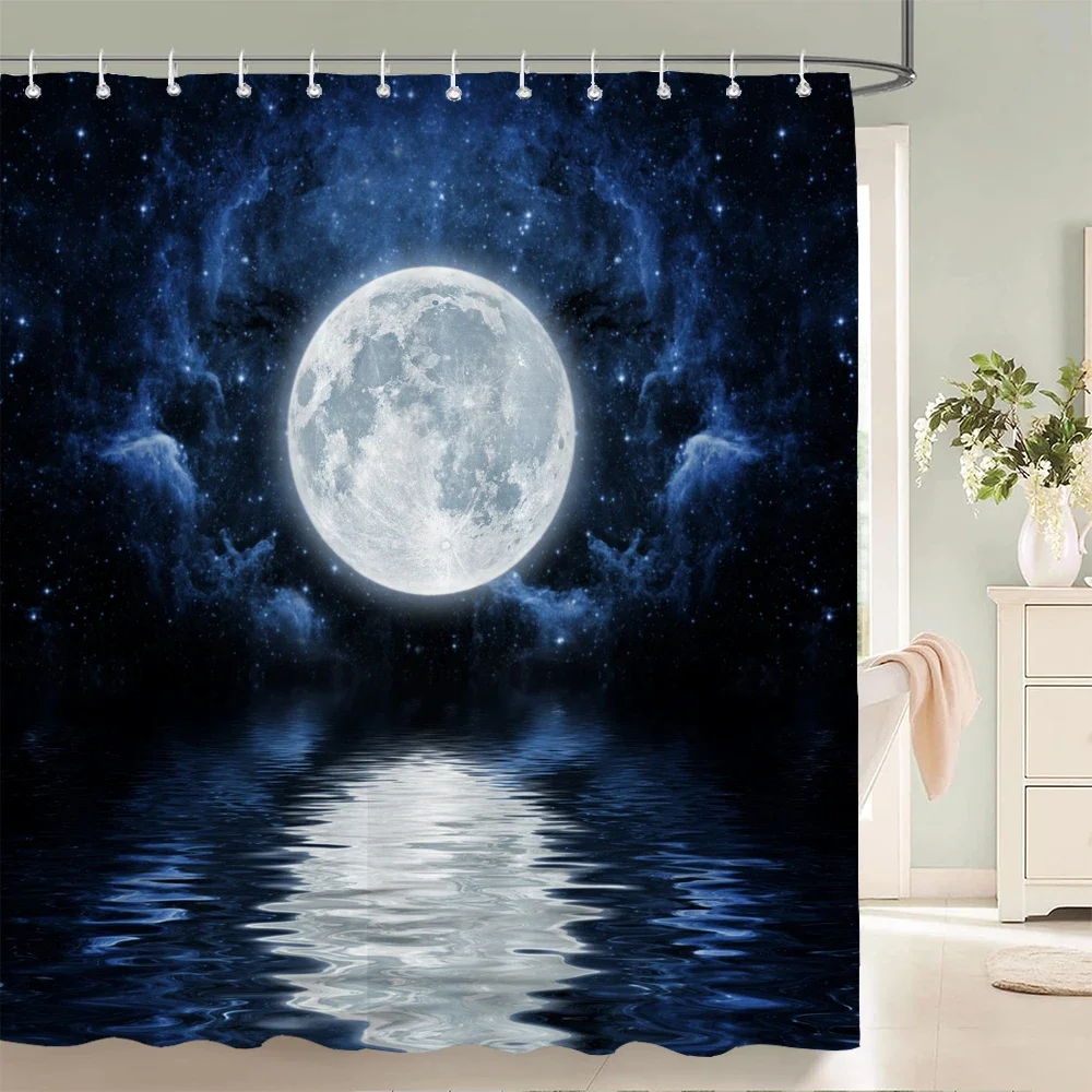 Night Moon Earth Starry Sky Fabric Shower Curtain Waterproof Bathroom Curtains Space Universe decorate Curtains with 12 Hooks