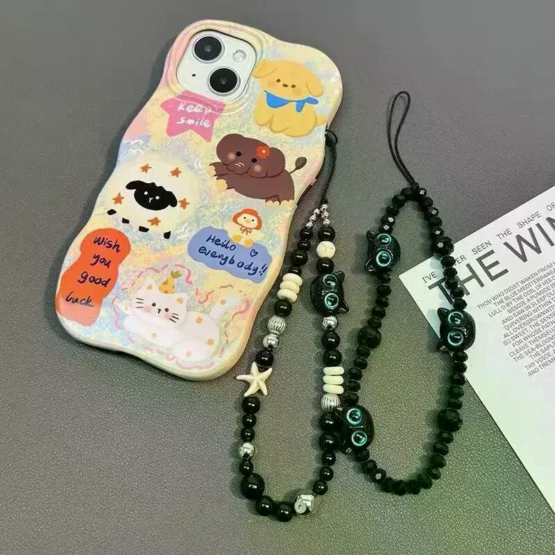Black Mobile Phone Lanyard Cartoon Cat Anti Lost Rope Wrist Strap Bead Bracelet Design Plush Car Keychain Bag Accessory