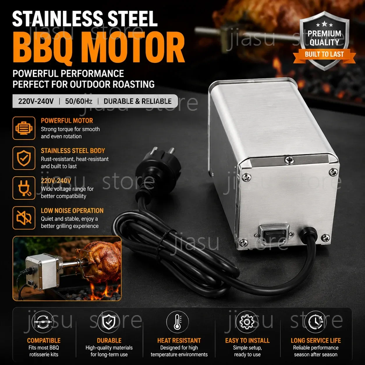 220V-240V Stainless Steel BBQ Rotisserie Motor for Outdoor Grilling, Heavy Duty Electric Spit Roaster with 15W 70kg Capacity