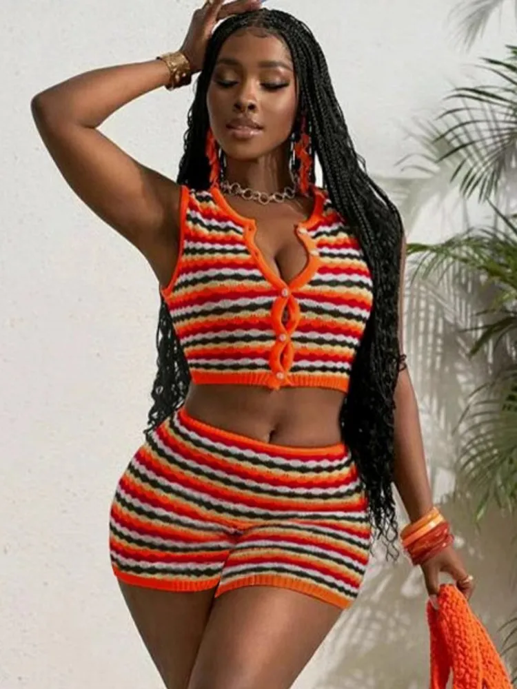 

2 Piece Set Women Tracksuit Summer Casual Loose Top And Shorts Sweat Suits Striped Knitting Two Piece Matching Sets Outfit