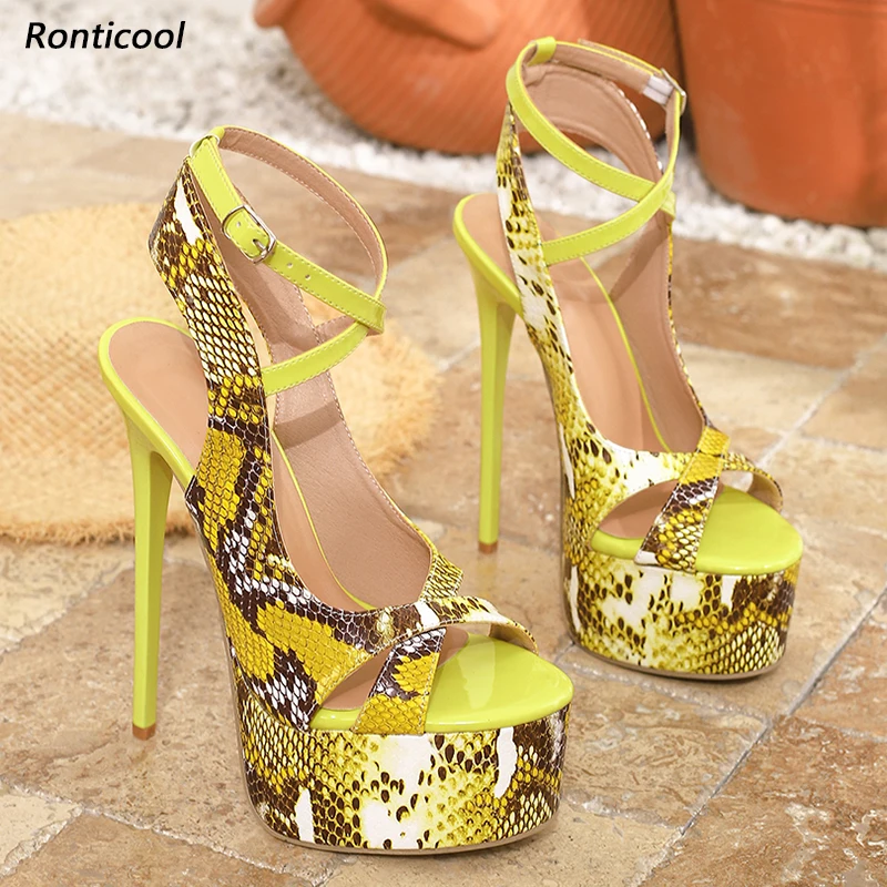 

Ronticool Artisan Crafted Women's Snakeskin Platform Sandals-Handmade Strappy Heels with Ankle Buckle Ladies US Plus Size 35-52