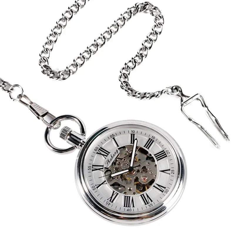 Vintage Antique Open Face Pocket Watch Unisex Automatic Mechanical Watches with Luminous Hands Roman Number Design Pendant Chain