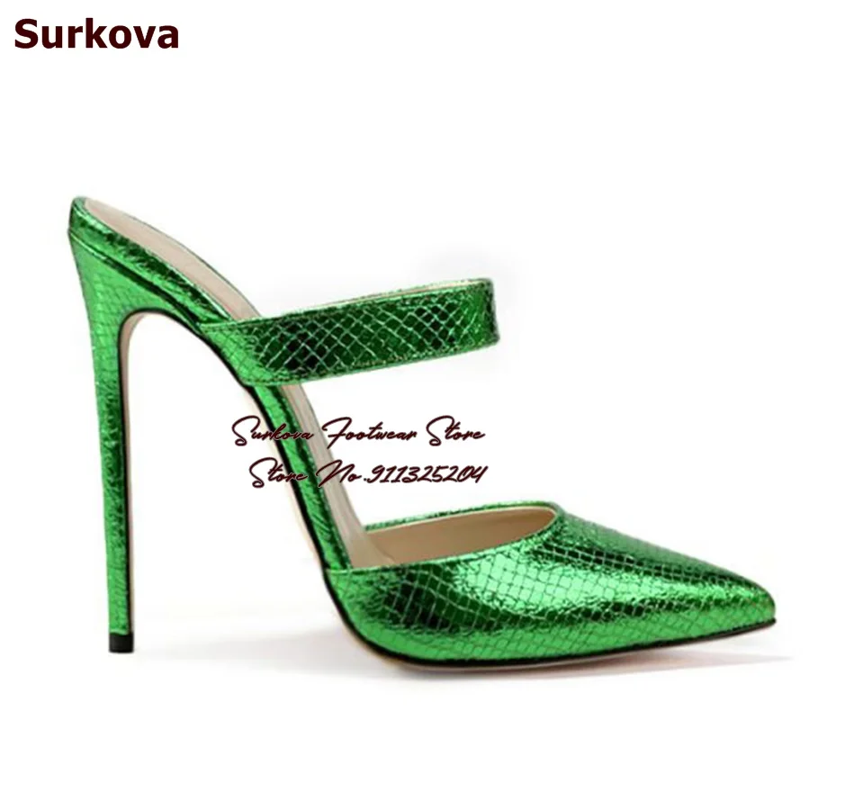 Surkova Royal Blue Snakeskin High Heel Modern Slippers Pointed Toe Strap Slip-on Sandals Women Shallow Stiletto Heels Pumps