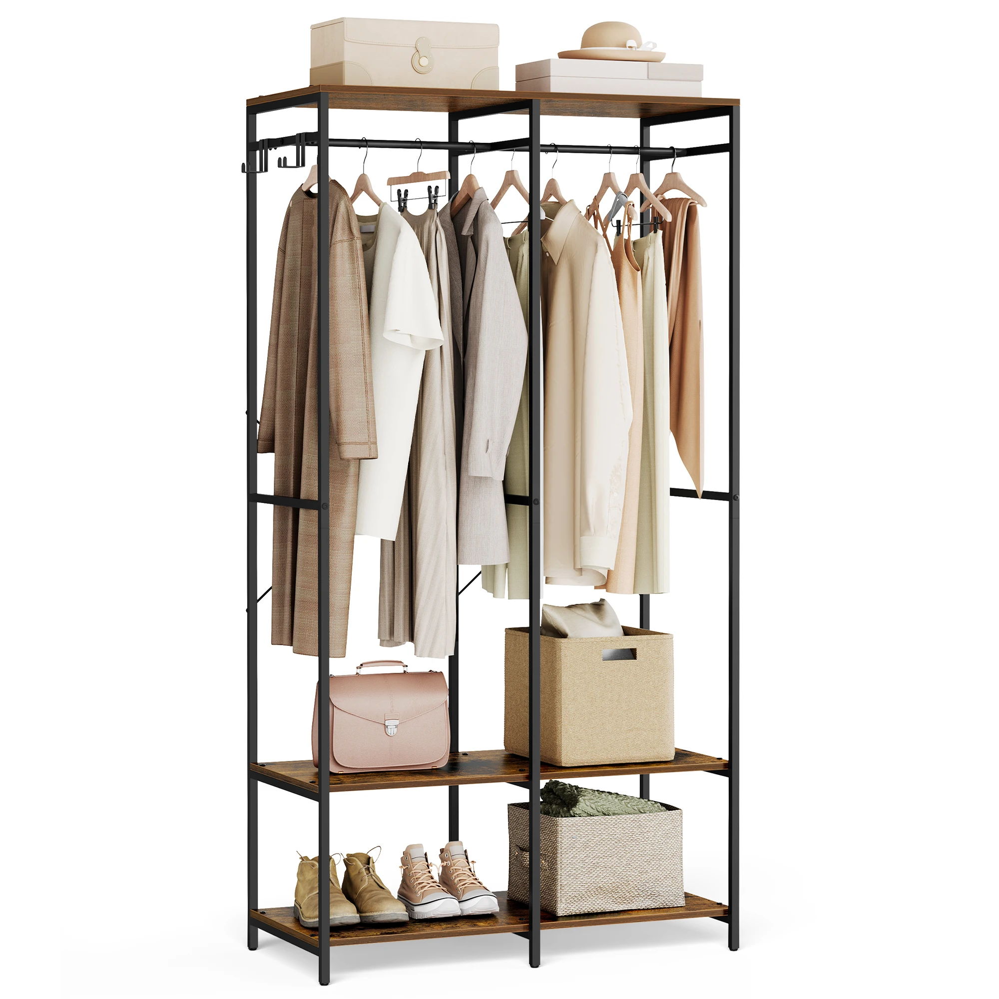 

SONGMICS Clothes Rack, Iron and Wood Wardrobe Closet Organizer, Heavy Duty Garment Rack with Hanging Rods, Closet Shelves