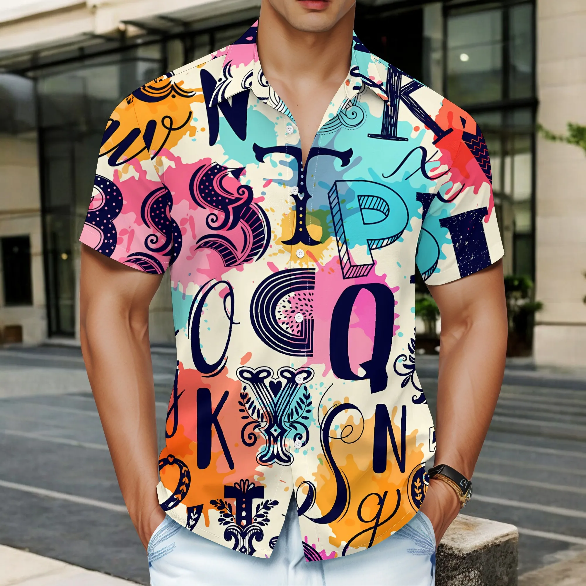 

YEAE Colorful Letter Print Shirt for Men Summer Casual Short Sleeve Top