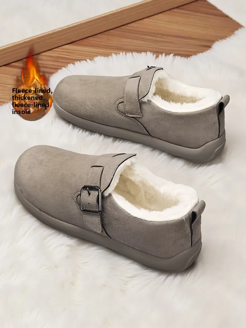

Men's Winter Cotton Slippers Warmth Home Leisure Outdoor Wear-Resistant Fur Leather Full Wrap Buckle Cotton Shoes