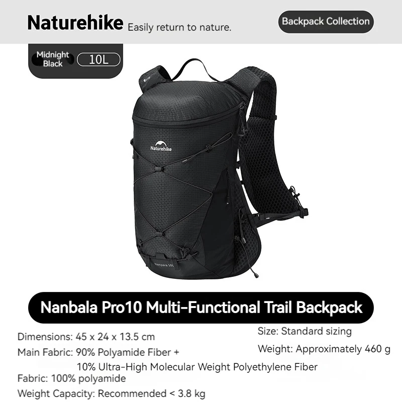 Naturehike Nanpara Pro 10L multifunctionele trailrunningtas met YKK-rits, uniseks, geschikt voor outdooractiviteiten, trekking en fietsen, met dubbele buisopening.
