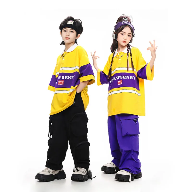 

Kid Hip Hop Clothing Yellow Polo Neck T Shirt Black Purple Casual Pockets Cargo Pants for Girl Boy Jazz Dance Costumes Clothes