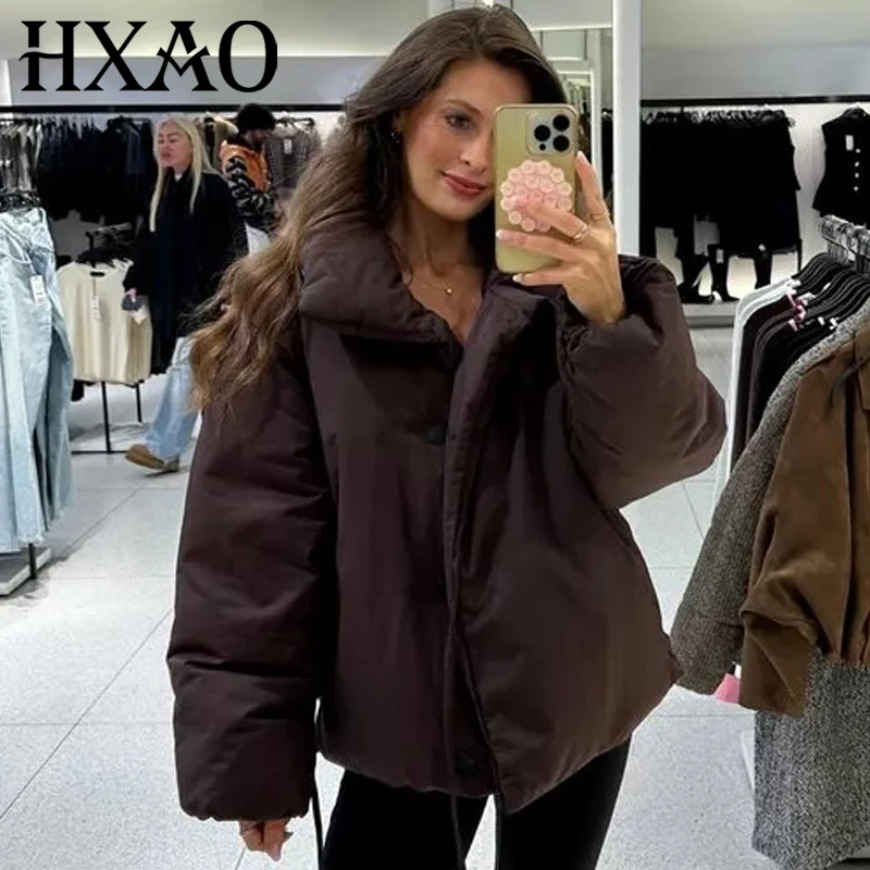

HXAO женская зимняя куртка, легкие стеганые куртки, коричневая укороченная парка, женская стеганая куртка на шнуровке с длинными рукавами, шикарные теплые парки