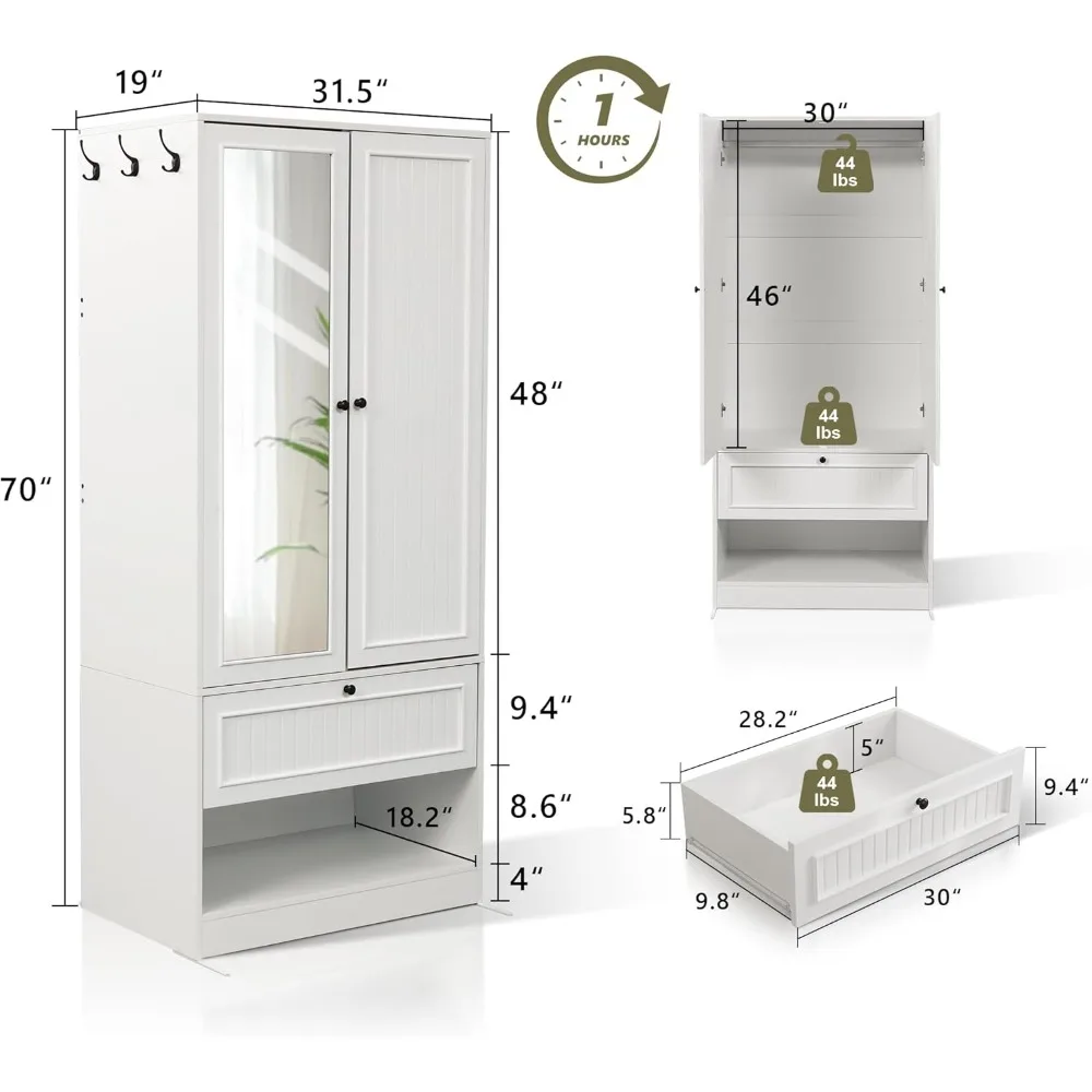 خزانة ملابس خشبية مع باب ودرج مرآة، خزانة تخزين لغرفة النوم ببابين لتعليق الملابس، باللون الأبيض #2