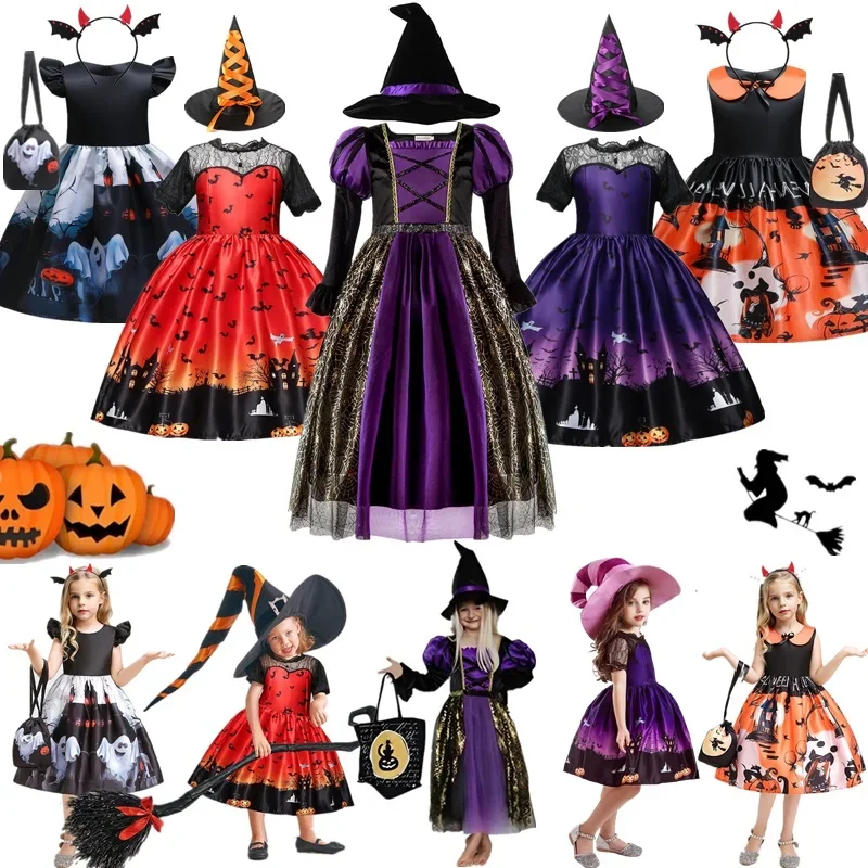 2024 Costume da strega di Halloween Kid Girl Purim Festa di carnevale Cosplay Viola Vestito da strega Bambini Pipistrello Zucca Fantasma Vampiro