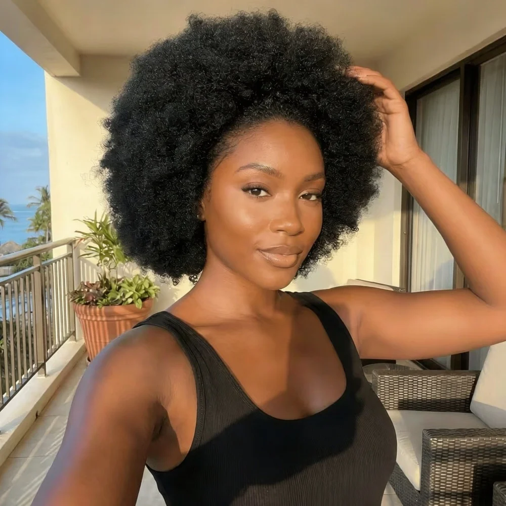 13x4 Lace Front Afro Curly Human Hair Wig 200% Density Pre Plucked Natural Black Kinky Curly Wigs For Women