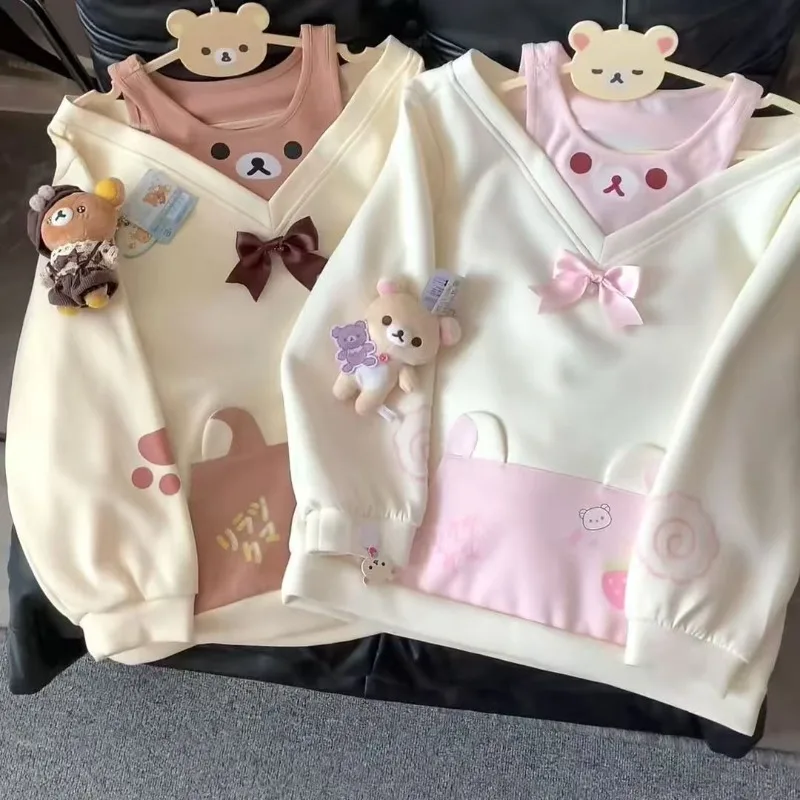 Kawaii القوس الأعلى Y2K مطبوعة الحلو هوديي المرأة الخريف لطيف الكرتون أنيمي قميص قطني بكم طويل كاذبة 2 قطعة الفتيات الحلو هوديس
