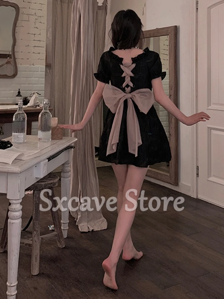 Bow Black Mini Dress Women Elegant Gothic Short Party Dress Female 2022 Summer Vintage One Piece Dress Korean Chic Kawaii Lolita