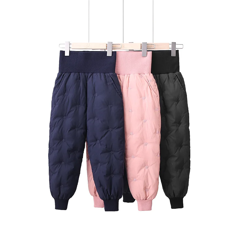 Kids High Waist Pants for Girls Fashion Children Bee Embroidery White Duck Down Trousers Windproof Sweatpants Pure Color Clothes