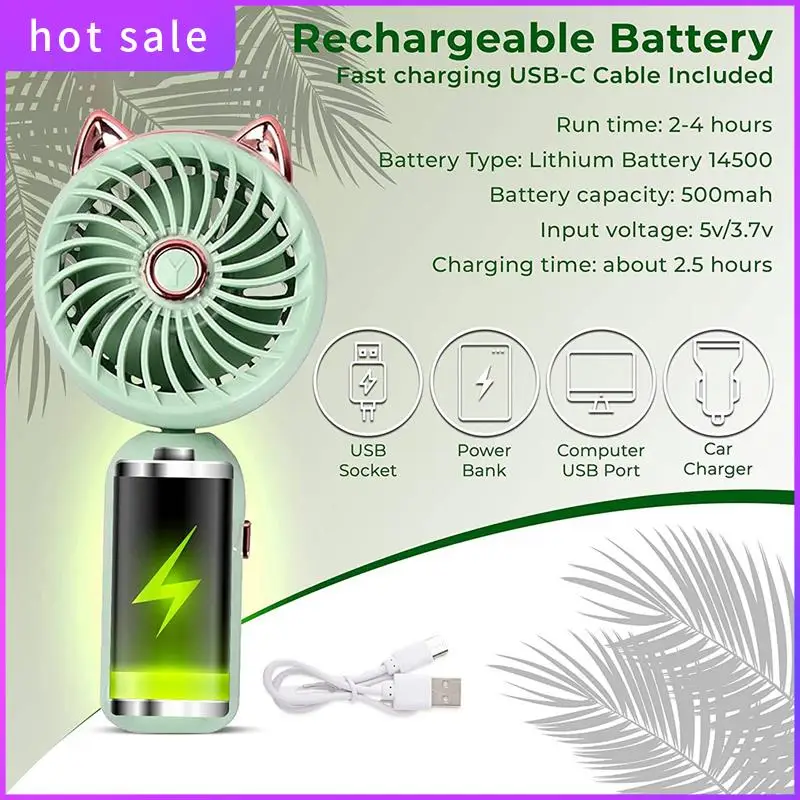 

1 Piece Mini Fan Foldable Small Fan With Cat Ears With USB Rechargeable Battery (Green)